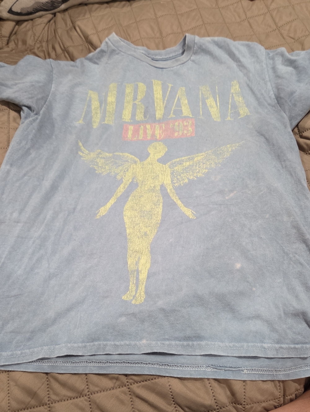 NIRVANA Light Blue Vintage Tee with Yellow Angel Graphic